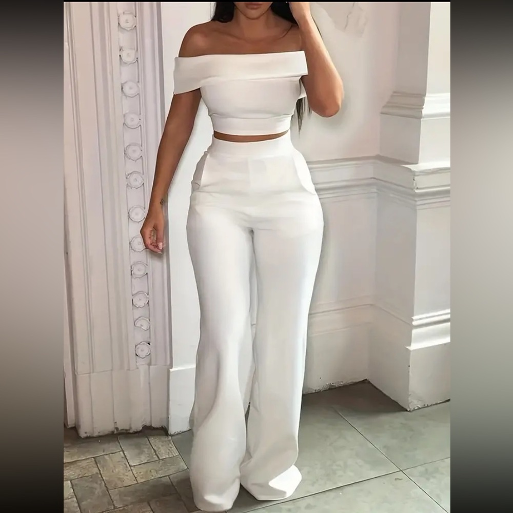 Solid Simple Two-piece Set, Off Shoulder Cropped Vest & High Waist Pants